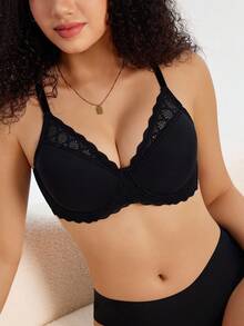 SHEIN 1pc Lace Underwire Thin Padded Simple Basic Bra - Black - View 1