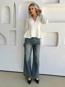 Siren Gaze 女式纯色 V 领长袖落肩优雅褶饰荷叶边开衫 - 米色 - 查看 7