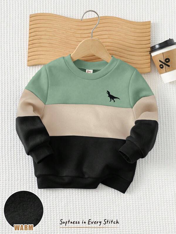 Cozy Pixies SHEIN Baby Boy Contrast Color Crew Neck Long Sleeve Pullover Sweatshirt, Dinosaur Versatile & Comfortable Y2k Rave Vacation Holiday Festival Halloween Christmas Fall Winter Casual Cozy Long Sleeve For Autumn Boys Boys Dinosaur Clothes Toddler Boy Sweatshirt Kids Jumper Sweater For Boys