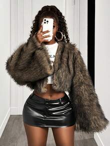 BamGleam Women's Fashion Bell Sleeve Cropped Faux Fur Coat, Winter, Club,Christmas - Multicolor - View 5