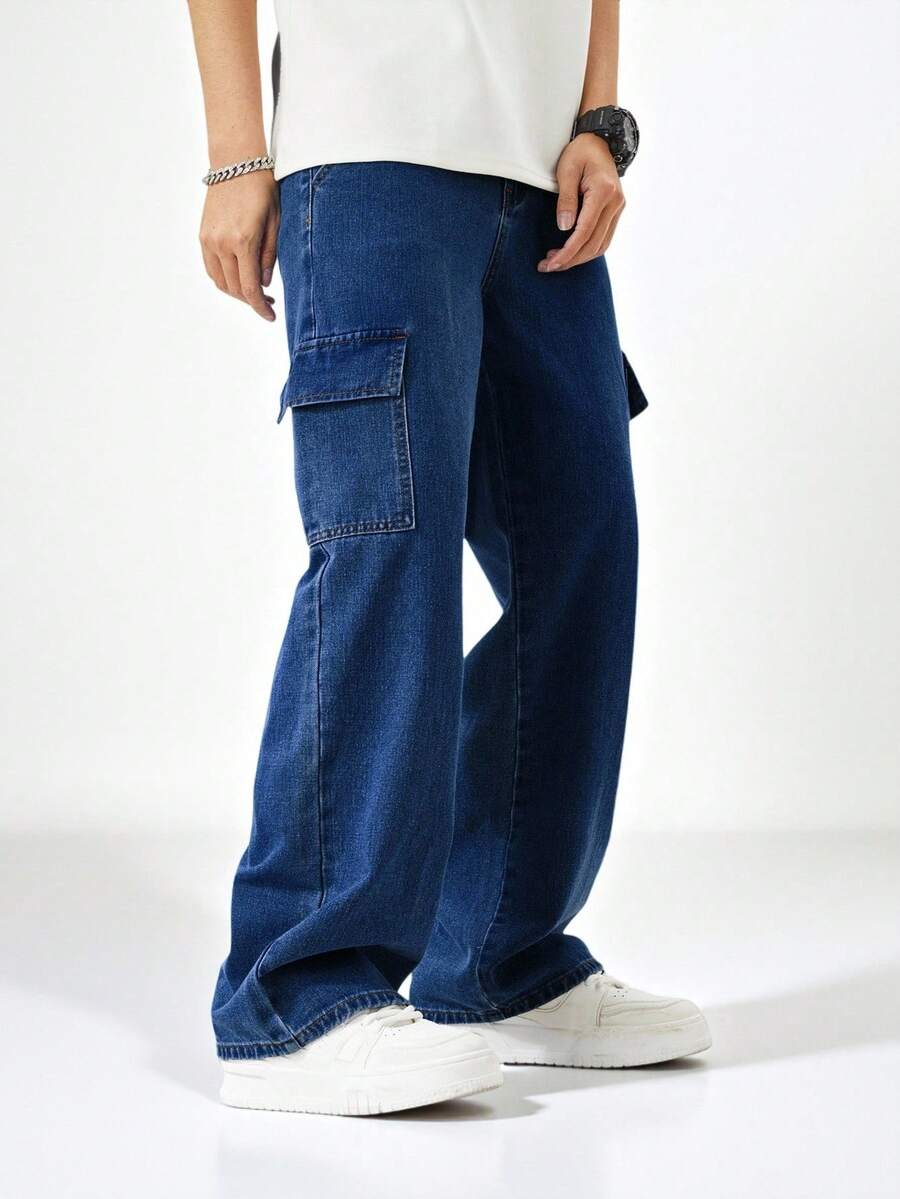 SHEIN Explorewe 青少年男孩户外休闲工装牛仔裤 - 深色水洗藍 - 查看 1