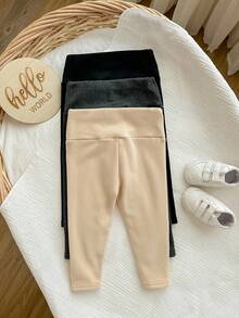 女宝宝可爱休闲百搭针织字母图案松紧腰保暖内衬厚裤子，适合秋冬季 - 彩色 - 查看 2