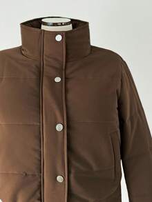 Sunspun Plus Size Stand Collar Four-Button Long Sleeve Ribbed Waist Padded Coat - Brown - View 4