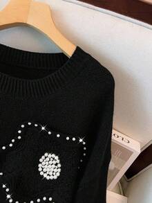 GlowEve CURVE Plus Size Crew Neck Long Sleeve Fashionable 3D Floral Knit Sweater - Black - View 7