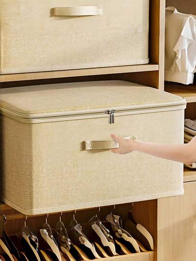 1pc Folding Storage Bin With Zipper And Handle, Apricot Yellow Storage Box,Polyester Linen, Square, Lid Type,Solid And Tangible Multi-Purpose For Storing Clothing, Toys And Other Items, Upholstery, Bedroom Decor, Trim, Storage, Jeans