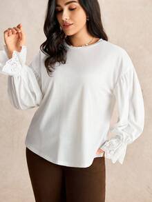 Nubod Plus Size Women Embroidered Cuff Trim Long Sleeve Minimalist Sweatshirt, Casual Everyday Wear, Autumn/Winter - White - View 6