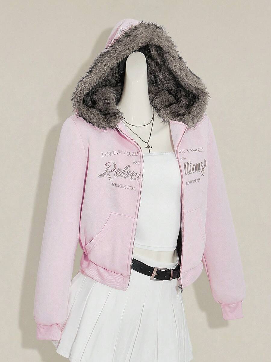 SHEIN ICON 女士蓬松连帽衫粉色刺绣休闲户外街头风格短款拉链夹克，适合秋冬女士 - 粉色 - 查看 1