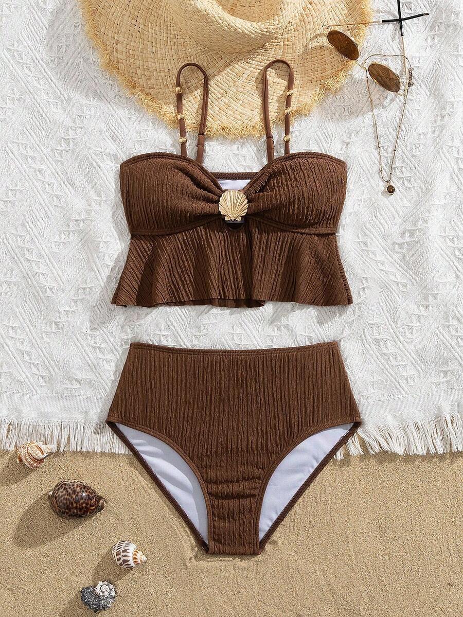 SHEIN Girls Cute Ruffle 2 Pieces Swimsuit Set, Suitable For Beach, Vacation - Brown - View 1