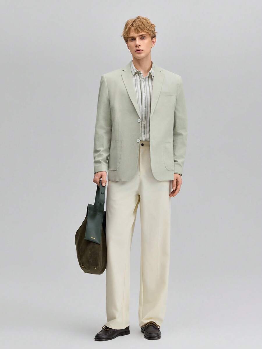 Officeau Chaqueta casual de negocios de manga larga con cuello de solapa para hombre, color verde, adecuada para banquetes, eventos y salidas de primavera a verano - Verde - Ver 1