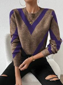 SHEIN LUNE 2024秋冬新品几何条纹套头衫 - 彩色 - 查看 4