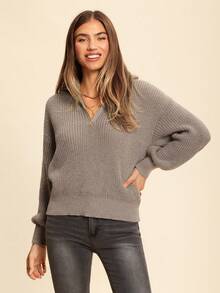 Coeurva Half Zip Drop Shoulder Grain Sweater,Long Sleeve Tops,Knitted Sweater - Brown - View 4