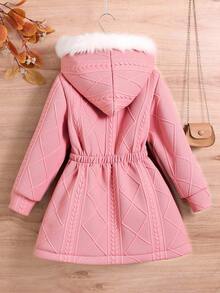 SHEIN Tween 女童休闲百搭百搭校园日常穿着保暖毛绒领中长款连帽针织夹克，秋冬 - 粉色 - 查看 7