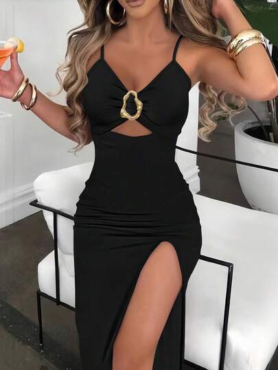Silhoulove Sexy Bodycon Front Ruched Metal Button High Slit Spaghetti Strap Long Dress, Elegant Holiday Ladies Dress
