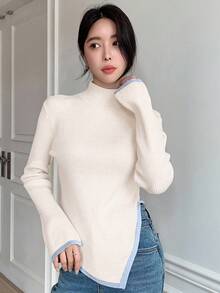 DAZY 女式休闲撞色不对称下摆开衩喇叭袖毛衣，秋季 - 白色 - 查看 4