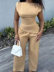 Alexandranx Women 2-Piece Khaki Minimalist Elegant Casual Commuter Office Outfit: Sleeveless Asymmetric Ruched Waist Blouse + Regular Ruched Wide Leg Pants, Linen Commuter Suit, Beach Outfits, Airport Outfit, Vacation Outfits, Teacher Outfit,Graduation,Teacher Outfits For Women,Back To School