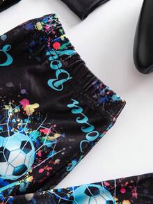 2pcs/Set Teenage Boys' Knitted Round Neck Long Sleeve Colorful Football Pattern Snug Fit Long Pants Luminous Effect Loungewear Set - Multicolor - View 2