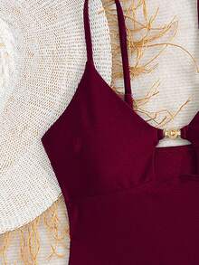 Swim Chiccia 女士海滩夏季音乐节细肩带金属饰品打结丁字裤成熟度假风格比基尼套装 - 酒紅色 - 查看 4