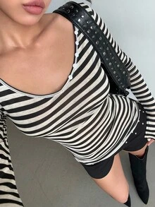 Aloruh 女士条纹印花V领休闲时尚长袖T恤，适合秋季返校、锐舞派对、乡村音乐会、伊比沙岛、纳什维尔等场合，西部风格，Y2K潮流辣妹风。 - 黑色 - 查看 4