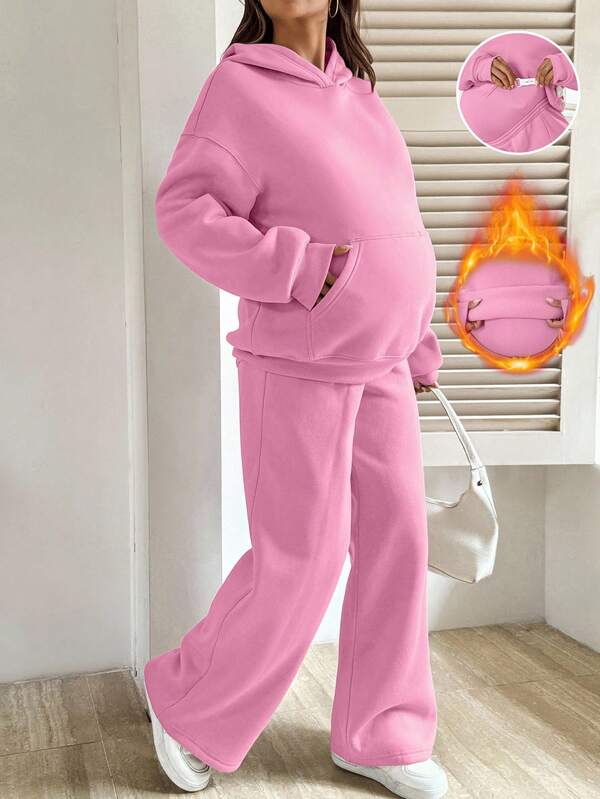 SHEIN 2pcs Maternity Casual Everyday Commute Simple Solid Color Drop Shoulder Loose Pocket Thermal Lined Hoodie Sweatshirt And Adjustable Waist Wide Leg Pants Set, Autumn/Winter Casual 2 Piece Set 2 Piece Lounge Set Pink Two Piece Set Two Piece Set Women Comfortable Two Piece Set