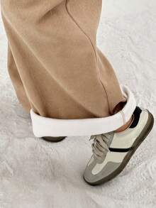 SHEIN EZwear 女式纯色松紧腰褶皱阔腿宽松休闲保暖内衬裤 - 駝色 - 查看 6