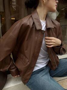 SHEIN K-Vae 女士秋冬棕色翻领老款PU夹克，防风保暖冬季夹克，机车夹克，新年夹克 - 棕色 - 查看 3