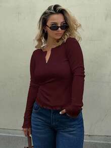 Jeta Ari Camiseta de punto acanalado con botones a la mitad, ropa de otoño para mujer con manga larga - Burdeos - Ver 6