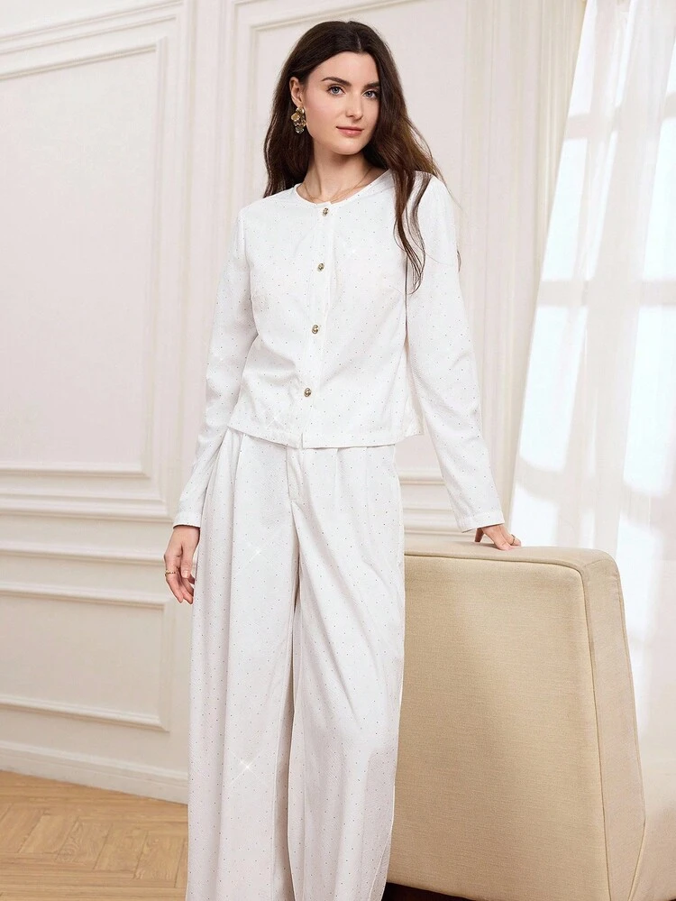 Women's Elegant 2 Pieces Set, Velvet Material With Rhinestone Decor Cardigan Top And Straight Leg Pants, Suitable For Party, Autumn/Winter