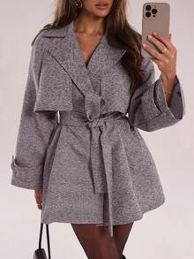 SHEIN BAE 秋冬时尚格纹宽松休闲短款毛呢外套 - 紫色 - 查看 1