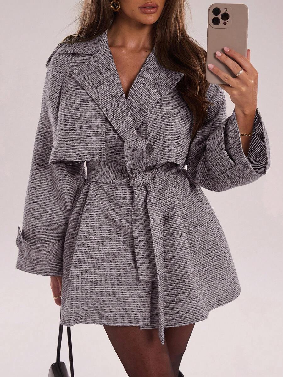 SHEIN BAE 秋冬时尚格纹宽松休闲短款毛呢外套 - 紫色 - 查看 1