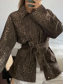 Livesso 女式豹纹翻领系带牛仔夹克，秋季 - 咖啡棕 - 查看 6