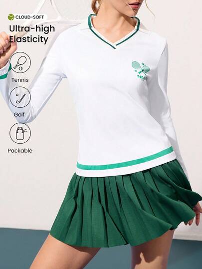 CourtClass Camisa polo de mujer con cuello de canalé de color contrastante, cuello en V, manga larga, estampado de tenis, ajuste slim, camisa polo deportiva casual para tenis y uso diario