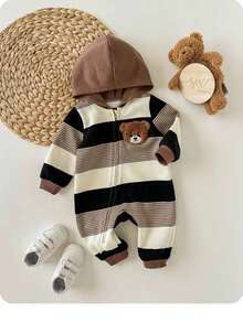 Pelele con capucha de punto a rayas y estampado de dibujos animados, informal y lindo para bebé recién nacido niño/niña