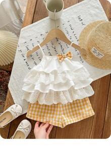 Babygirl Summer Cute Vacation Ruffle Trim Camisole And Plaid Shorts Set - Multicolor - View 9