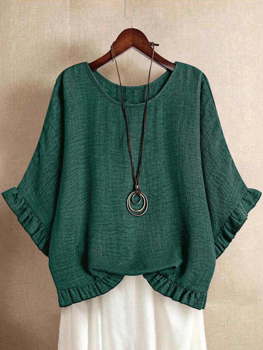 Linhara Plus Size Casual Solid Color Batwing Sleeve Ruffle Hem Blouse - Green - View 1