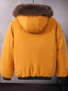 1pc Zip Front Pocket Fleece Collar Thick Bomber Jacket For Teenage Boys, Casual Sporty Style