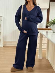SHEIN 2件套孕妇休闲纯色运动衫和运动裤套装，秋冬 - 藏蓝色 - 查看 6