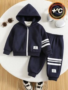 2pcs Baby Boys Thermal Lined Thick Contrast Color Ribbed Loose Raglan Hoodie Jacket And Casual Sports Pants Set, Suitable For Winter - Royal Blue - View 6
