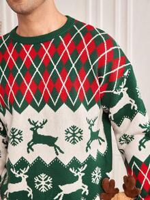 Manfinity RelaxMax Suéter de punto casual con estampado navideño de rombos para hombres, suéteres navideños familiares a juego para hombres y mujeres en otoño/invierno - Multicolor - Ver 5