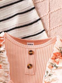 SHEIN Bộ đồ liền thân dài tay in họa tiết hoa viền bèo nhún cho bé gái kèm nơ trang trí - Hồng - Xem 3