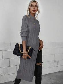 EMERY ROSE Casual Solid Color Stand Collar High Slit Sweater, Autumn/Winter - Dark Grey - View 5