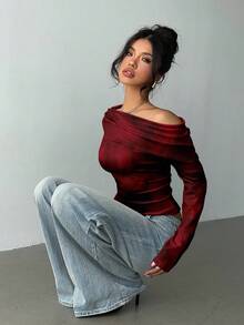 Aloruh Women's Asymmetric T-Shirt,Twist Knot Tie Dye Burgundy Dark Red Long Sleeve Knit Top,Seksi Chic Night Out Elegant For Autumn/Winter Dates Parties - Burgundy - View 6