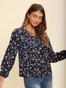 Coeurva Ditsy Floral Print Lantern Sleeve Blouse - Multicolor - View 3