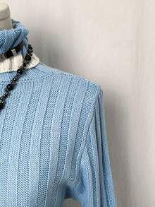 Flirla Suéter ajustado con cuello alto, mangas acampanadas y patrón de rayas de contraste, para uso casual y de oficina, otoño/invierno - Azul y blanco - Ver 3
