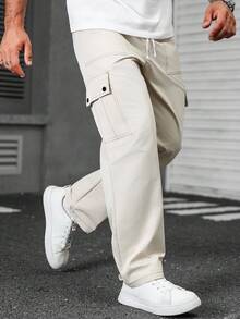 Manfinity CasualCool 米色男士抽绳腰带工装口袋休闲宽松裤 男士宽松直筒休闲裤 米色裤子 男士工装裤 白色工装裤 男士街头风裤子 - 米色 - 查看 5