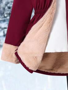 SHEIN Tween Girls' Casual All-Match Versatile Daily School Autumn/Winter Warm Khaki Faux Fur Lining Patchwork Black Padded Coat, With Gloves - Burgundy - View 7