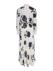 Franclia Women's Elegant Floral Pattern Shirt Collar Long Sleeve Belted Pleated Hem Midi Dress - White - View 2