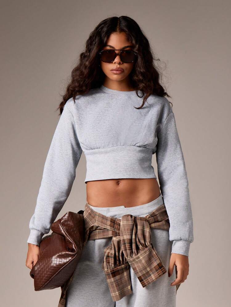 Cinched Waist Cropped Sweatshirt With Ribbed Trim And Crew Neck