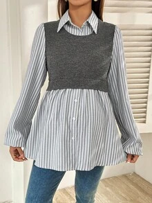 SHEIN Maternity Casual Patchwork Striped Lantern Sleeve Shirt, Autumn