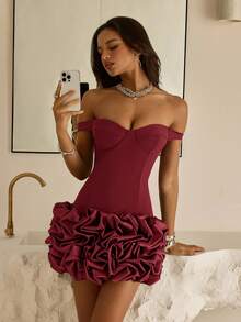 Vowa Gaun Bodycon Satin Rajut Cokelat Elegan dengan Bahu Terbuka dan Leher V Bermotif Bunga di Bagian Bawah, Cocok untuk Kencan, Liburan, Ulang Tahun, Pernikahan, dan Pesta Koktail. - Burgundy - View 5