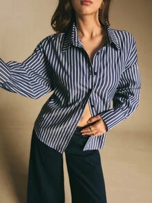 Poéselle 女士衬衫，后腰系带，宽松蓝色条纹衬衫，纽扣门襟，长袖衬衫，休闲女士通勤条纹系带衬衫，秋冬季 - 藍色 - 查看 5